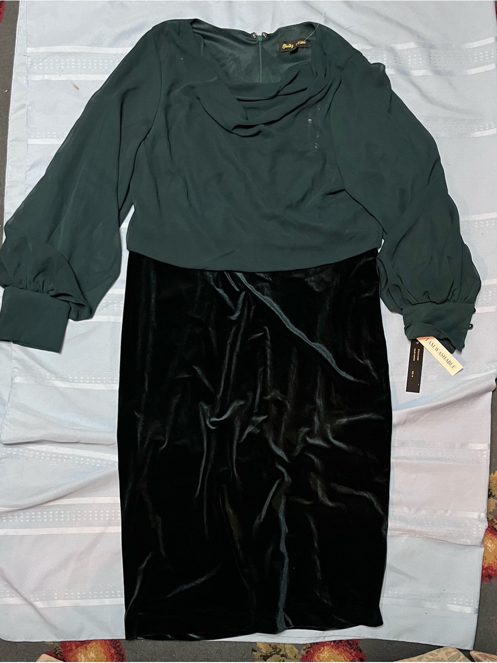 Shelby Nites green chiffon and black velvet dress